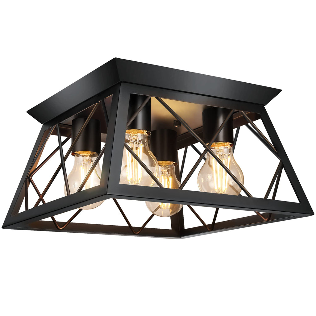 4-Light Black Flush Mount Ceiling Light Hallway, Industrial Close to Ceiling Lighting, Farmhouse Square Cage Lamp