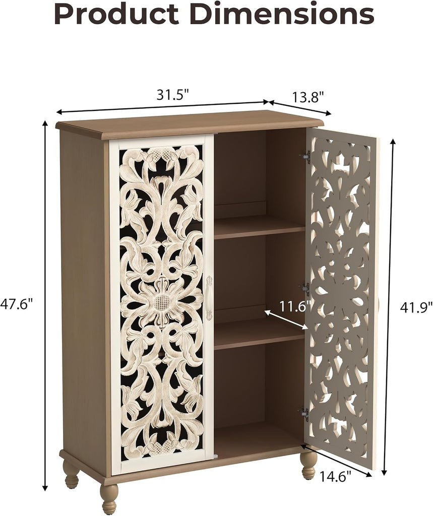 47" Tall Accent Cabinet with Carved Doors, White & Natural | Narrow Boho Farmhouse Sideboard with 3 Adjustable