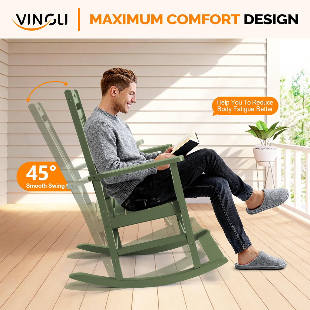 Outdoor Rocking Chair with Footrest, Wooden Rocker Set of 2, Green