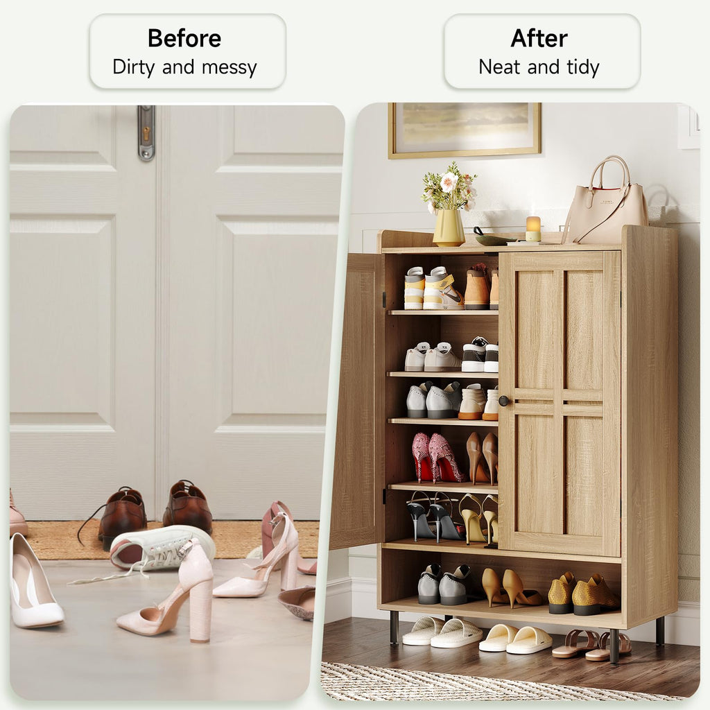 Shoe Cabinet with Cross Molding Doors, 6-Tier Storage(Natural Oak)