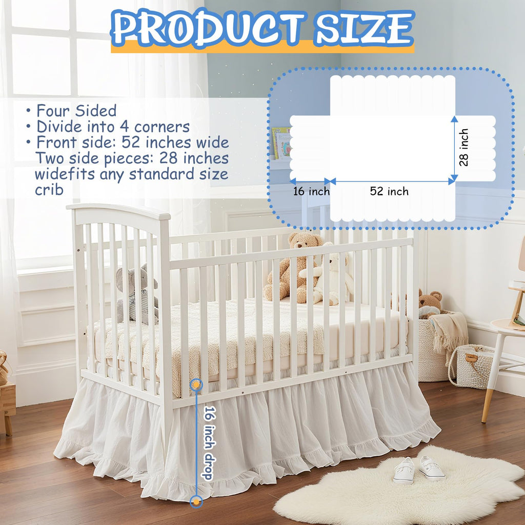 White Crib Skirt for Baby Girls Boys, 100% Washed Cotton Bed Skirt