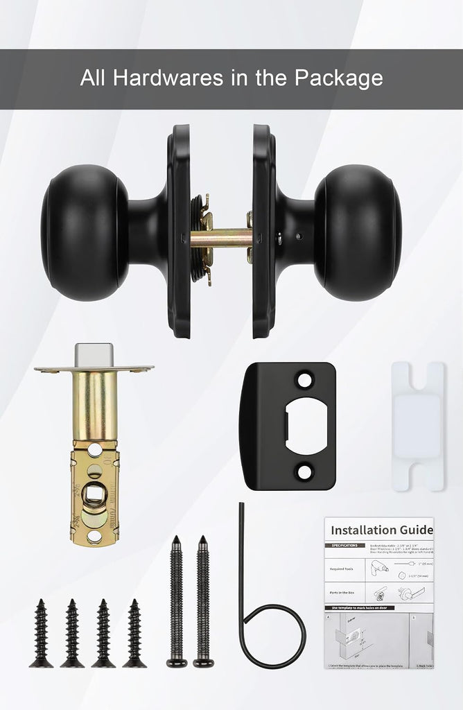 Matte Black Closet Door Knobs Interior No Lock, Passage Door Knobs Hallway, Black Door Knob Without Lock 6 Pack
