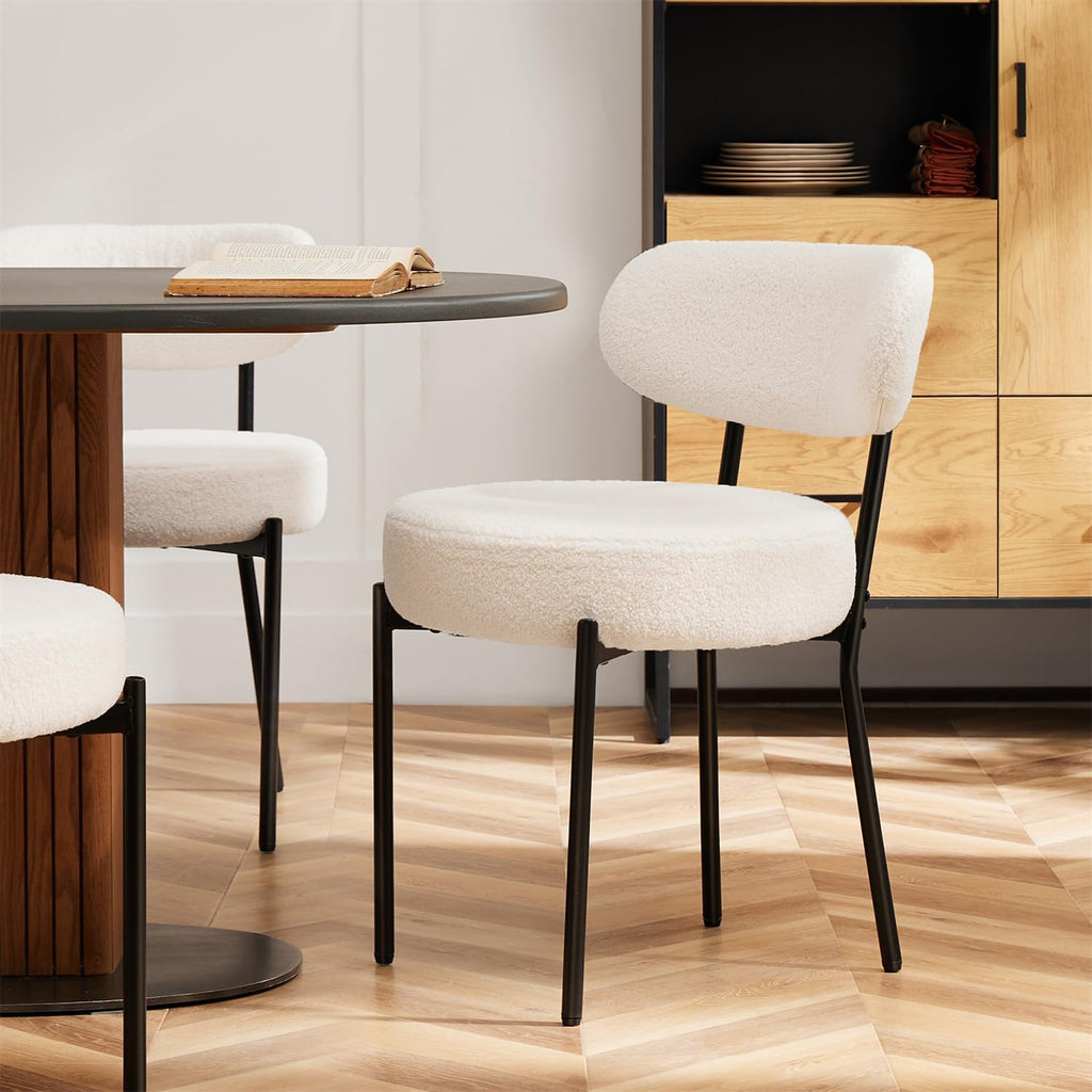 Dining Chairs Set of 2, Mid Century Modern Boucle Upholstered Kitchen Chair with Curved Backrest & Metal Legs for