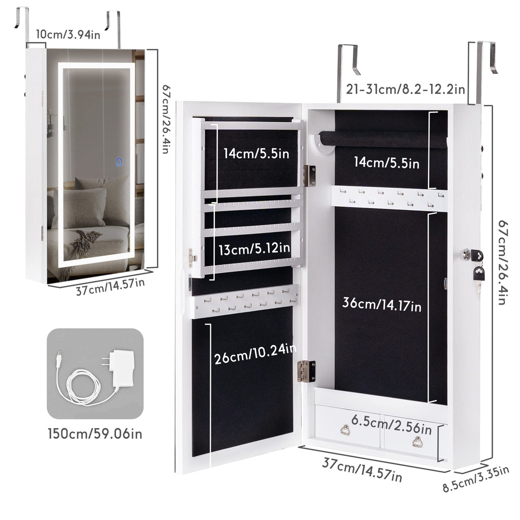 Lockable Jewelry Cabinet Armoire with LED Lighted Mirror - White
