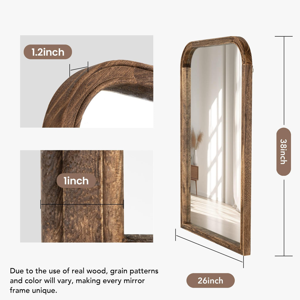 26"x38" Solid Wood Bathroom Mirror Tempered Glass for Wall Mounted, Rustic Wood Frame Wall Mirror Decorative Bedroom