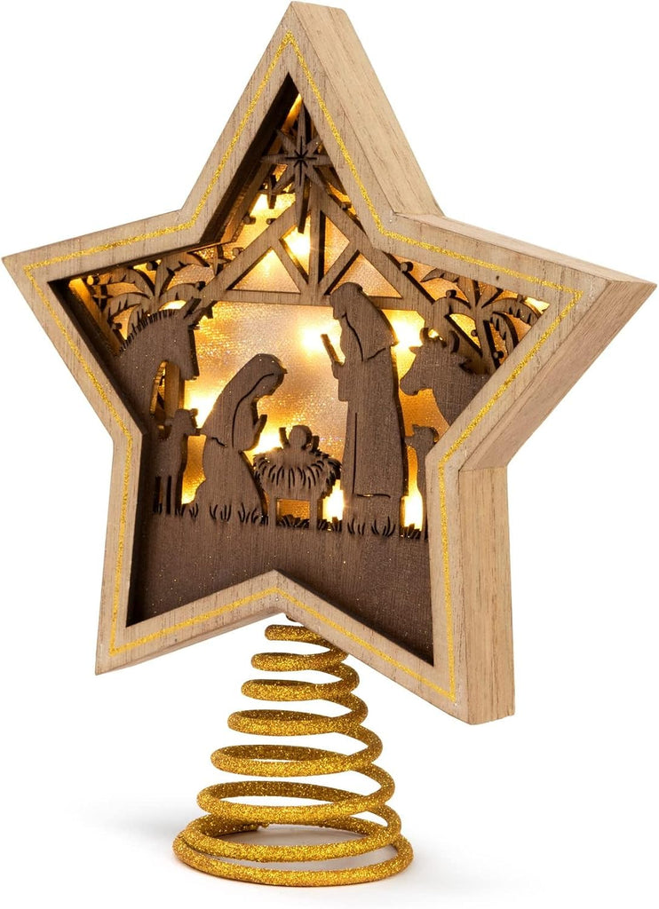 Lit Star Nativity Tree Topper, Gold Wooden Star, 10 x 8.5 in