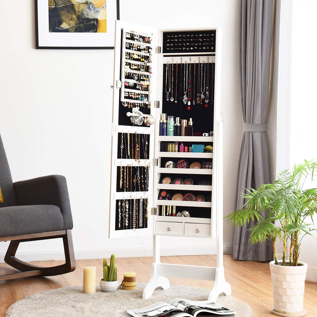 Lockable Standing Jewelry Armoire with Full Length Mirror, White