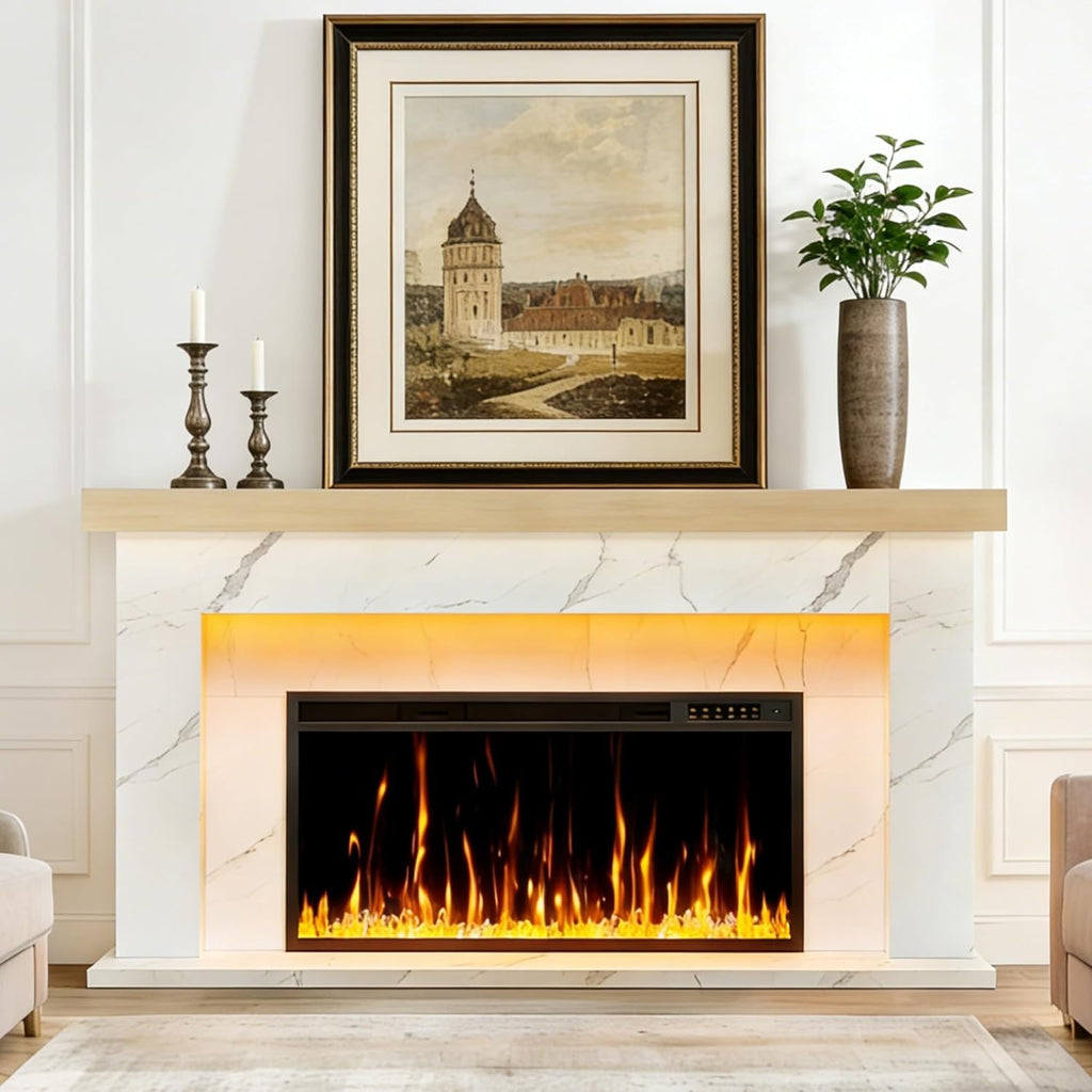62 Inch Electric Fireplace with Mantel, Replaceable 36" Fireplace Insert Heater, 3D Realistic Log and Flame Effect