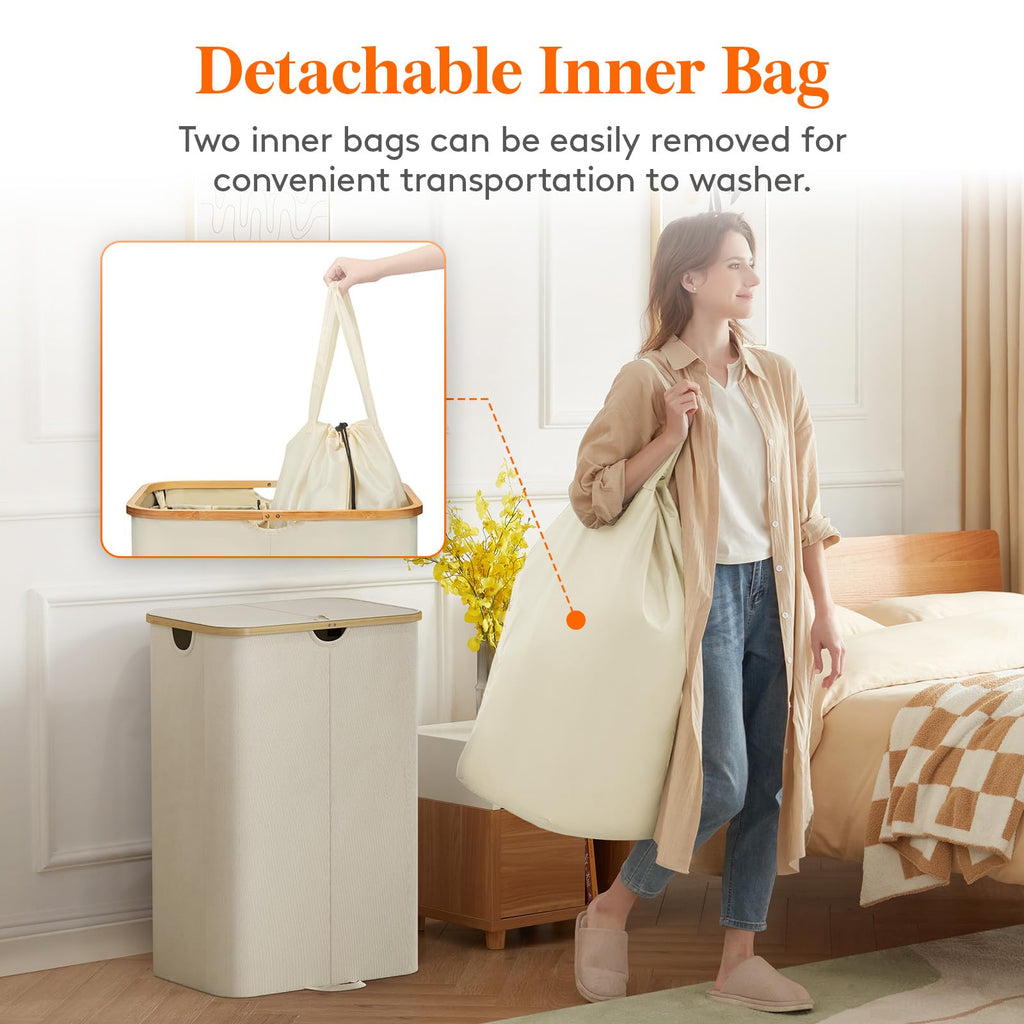 170L Double Laundry Hamper with Lid and Removable Bag, Beige