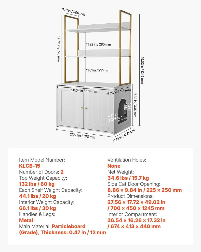 Cat Litter Box Enclosure Furniture, 27.6 in Hidden Litter Box Cabinet with Metal Legs & 2-Tier Storage Shelves