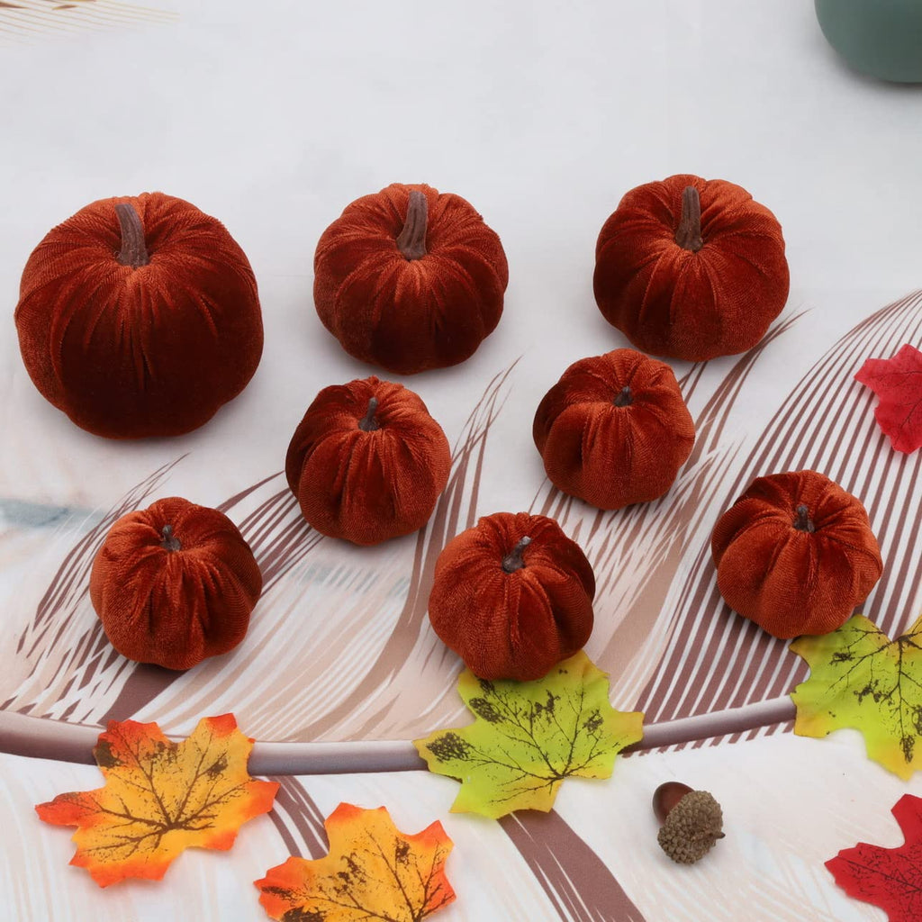 8pcs Artificial Velvet Brown & Champagne Fabric Pumpkins Decor