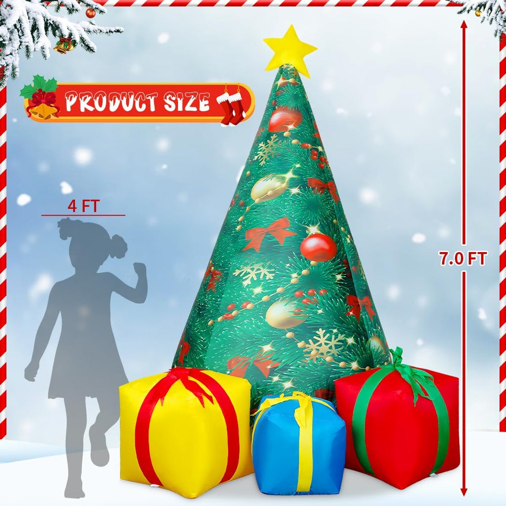 7 FT Christmas Decorations Inflatables Tree Outdoor Blow Up Yard Gift Box with Built-in LEDs for Indoor Party Garden
