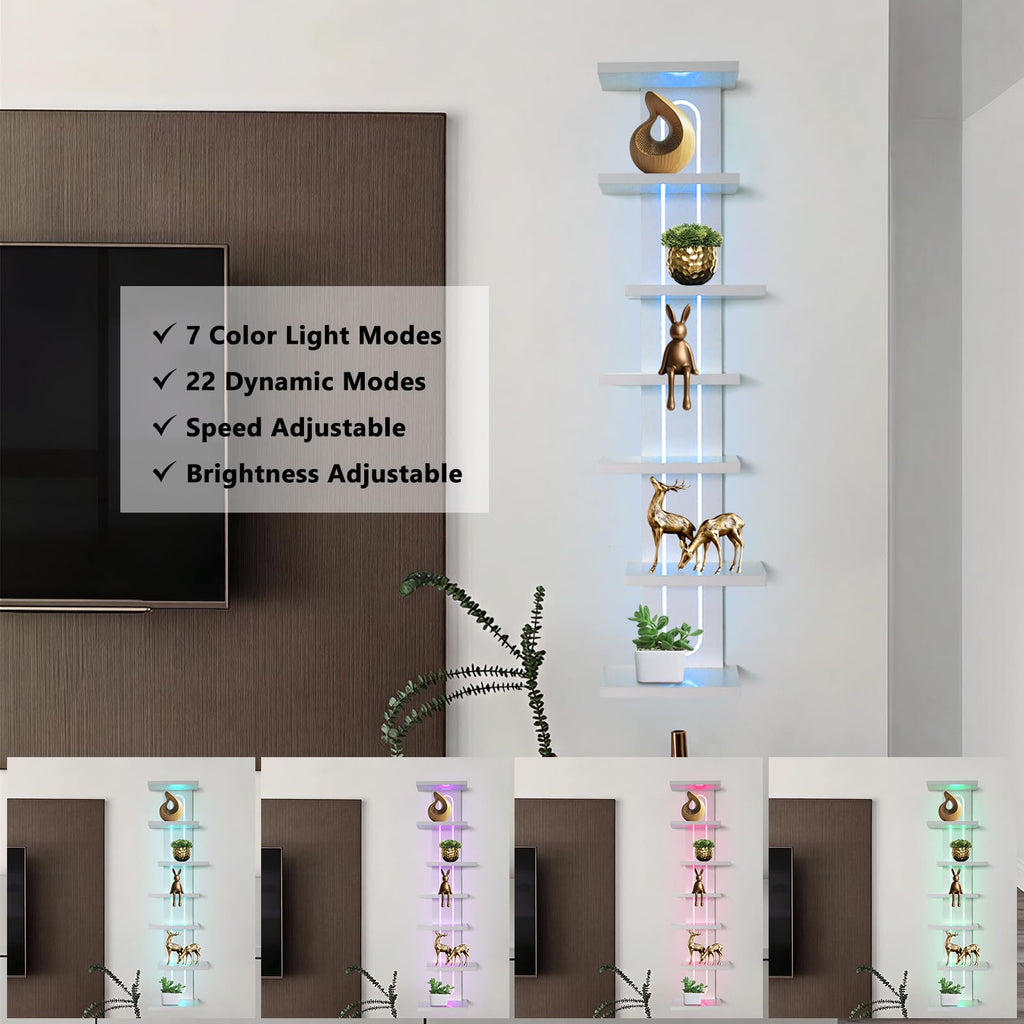 7-Tier Floating Wall Shelves with Led Lights, White