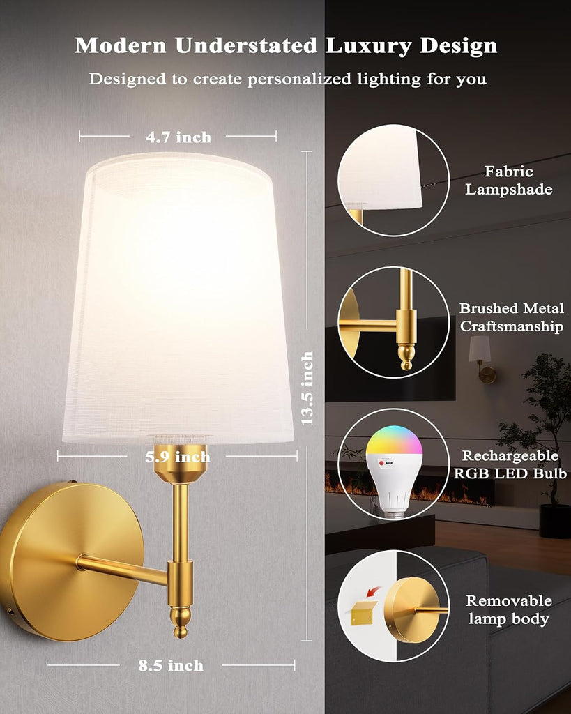 Battery Operated Wall Sconces Set of 2, Wireless Rechargeable Dimmable Wall Light with RGB Bulb and Remote for