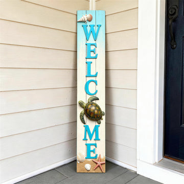 Vertical Wooden Sea Turtle Welcome Porch Sign, Rustic Summer Porch Standing Sign, Beach Decorative Plaques for Front