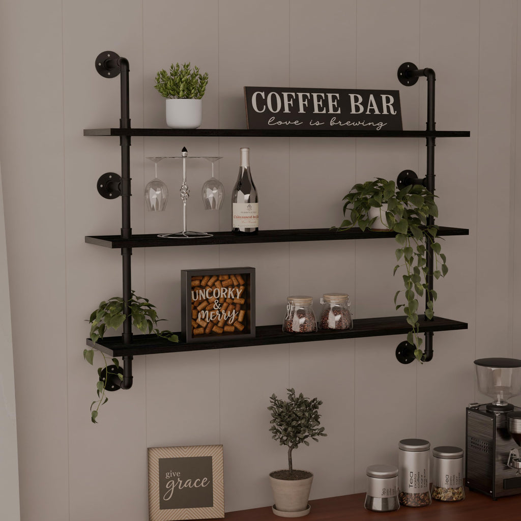 Industrial Pipe Shelving Rustic Black Wall Shelves with Wood Planks Industrial Floating Shelves 48 Inch 3 Tier