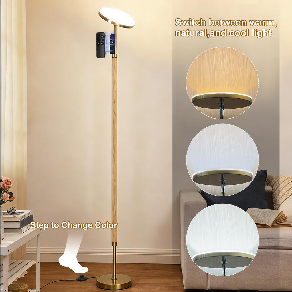 Solid Wood LED Torchiere Floor Lamp, 69" Dimmable Standing Lamp with Remote