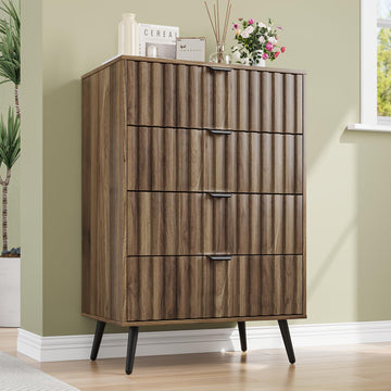 Walnut Fluted 4 Drawers Dresser, Chest of Drawers with Metal Wide Handle, Wooden Dresser for Closet, Bedroom, Living