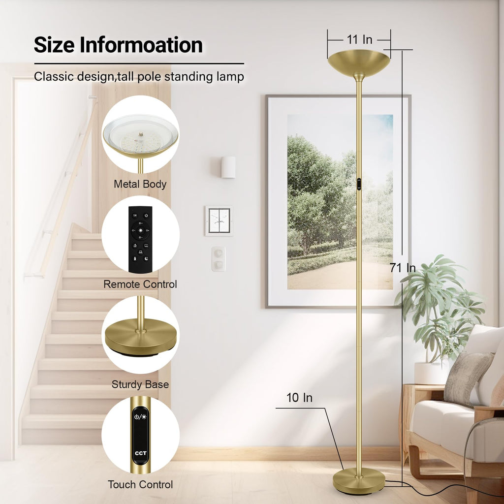 Dimmable Floor Lamp, Gold, 30W LED Torchiere