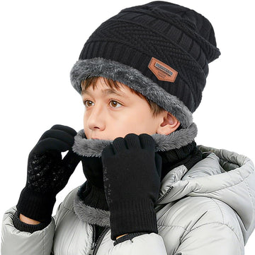 Kids Winter Hat Scarf&Touchscreen Gloves Set,Knitted Beanie with Fleece Lining, Neck Warmer for Boys Girls