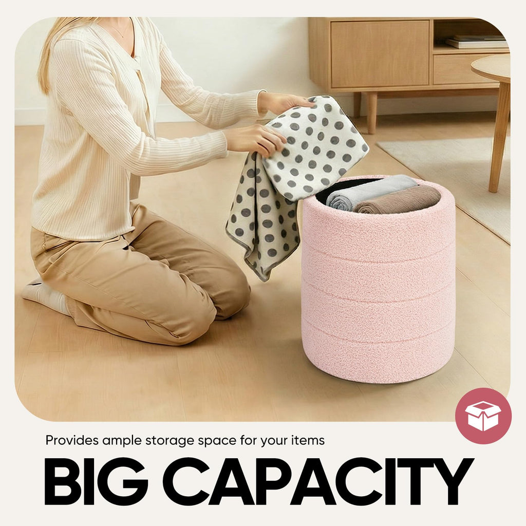 14.5" Round Storage Ottoman, Boucle Sherpa Ottoman with Tray
