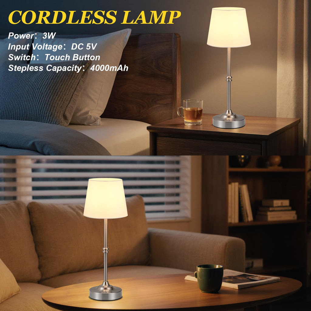 Rechargeable Cordless Table Lamp Silver - 1 Pack 4000mAh Battery Operated Lamp, 3000K Warm Light, Touch Control