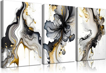 3 Piece Framed Wall Art Abstract Wall Decor Black Gold and Pictures Marble Fluid Ink Wash Canvas Art Modern