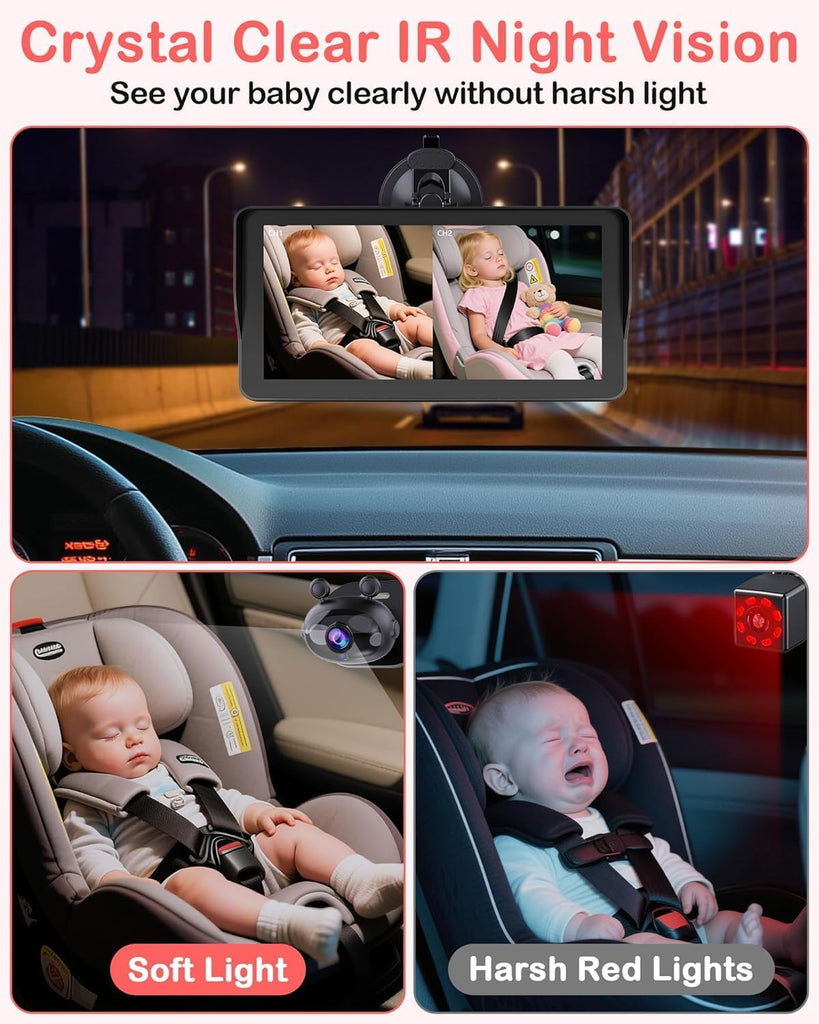 Dual Baby Car Camera HD 1080P: 6.9" Split-Screen Monitor for 2 Kids & Twins