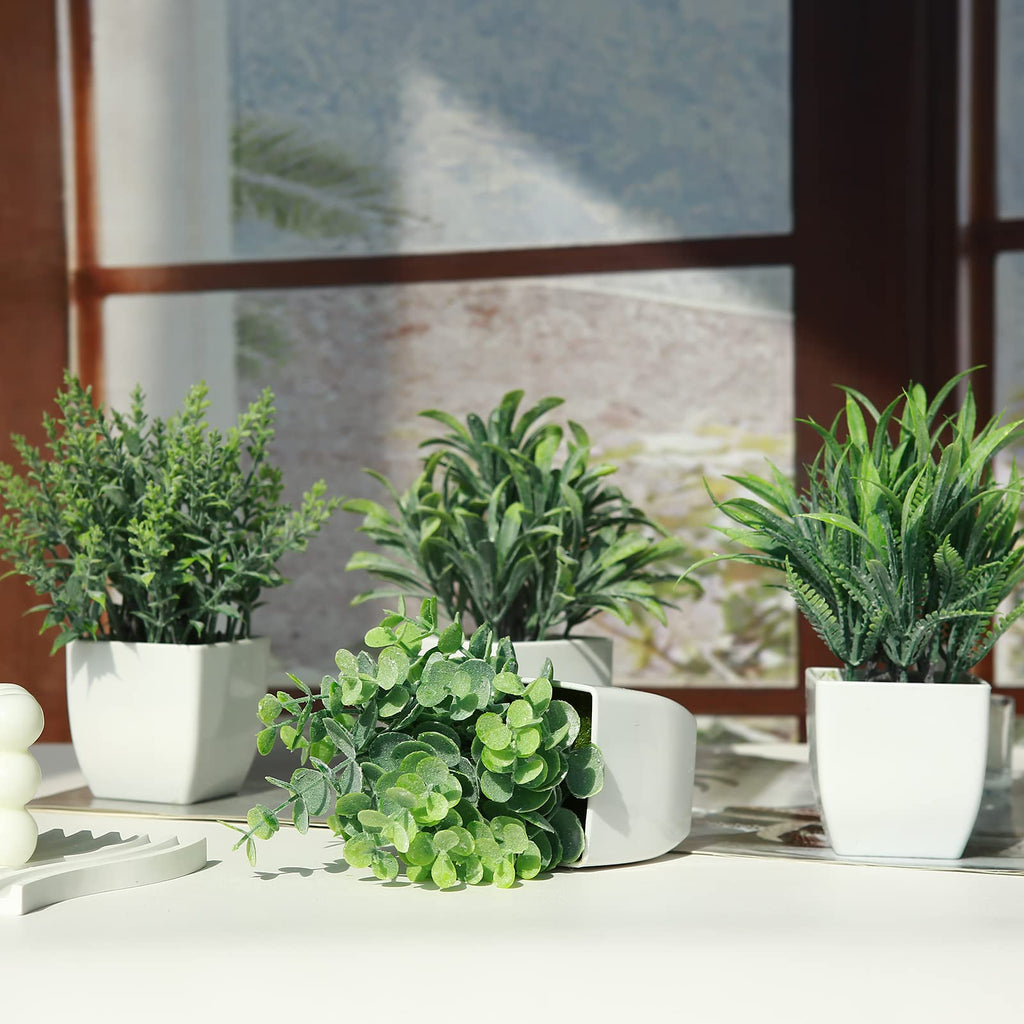 4 Pack Fake Plants in White Pot Small Artificial Eucalyptus