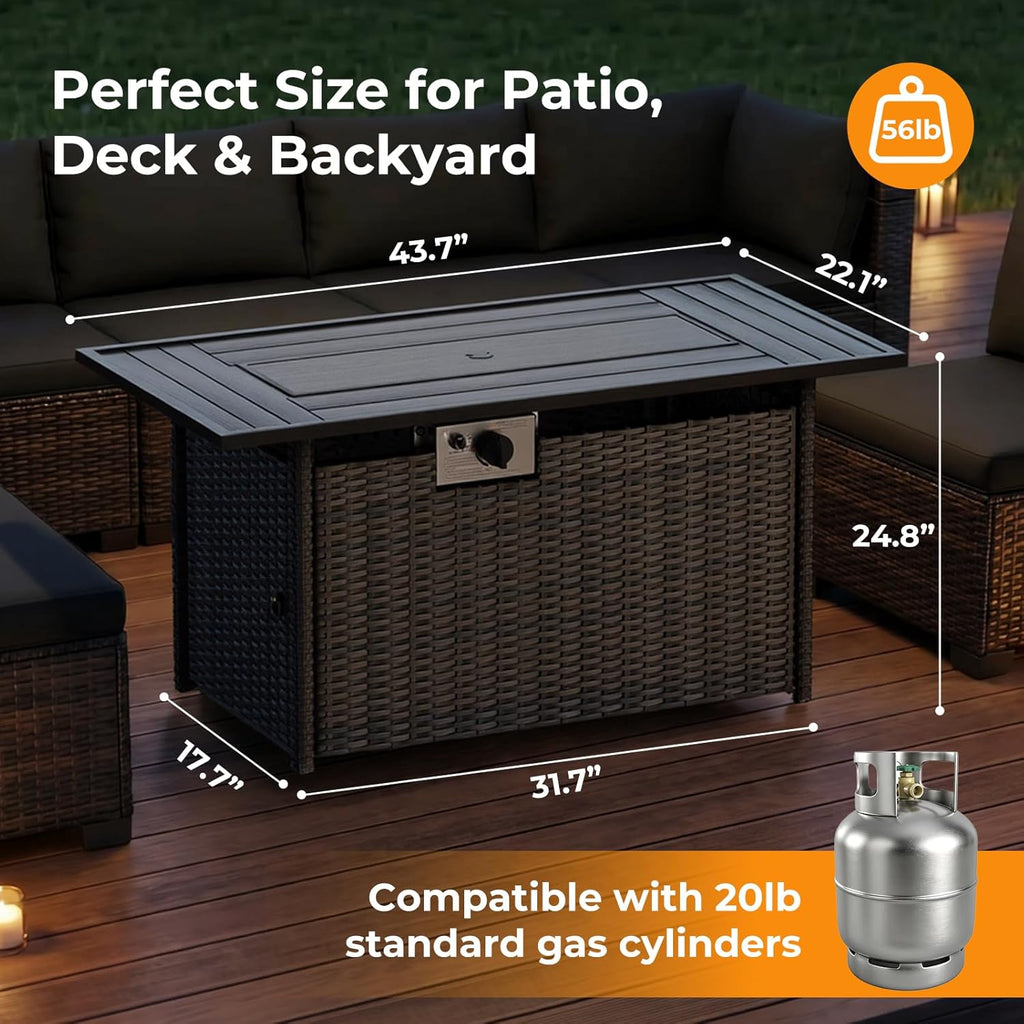 44 Inch Propane Fire Pit 50000 BTU 2 in 1 Outdoor Gas Fire Pit Table with Removable Lid, Waterproof Cover, Glass