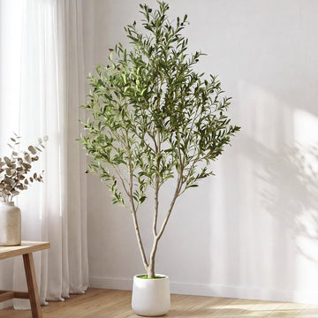 7FT Artificial Olive Tree Indoor with White Pot Tall Planter, Faux Olive Tree with Natural Wood Trunk and Lifelike
