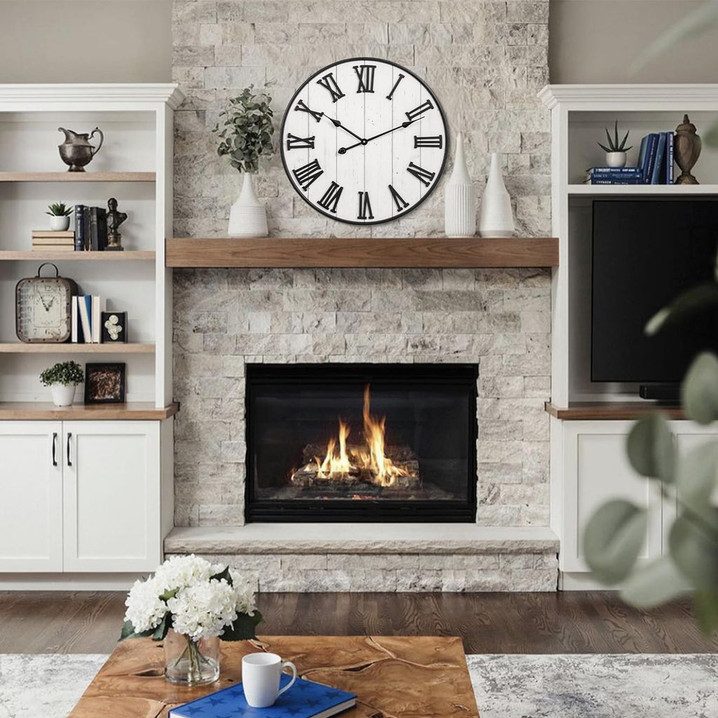 Large Rustic Wooden Wall Clock, 24 Inch Whitewashed Farmhouse Wall Clock with Carved Roman Numerals, Silent Battery