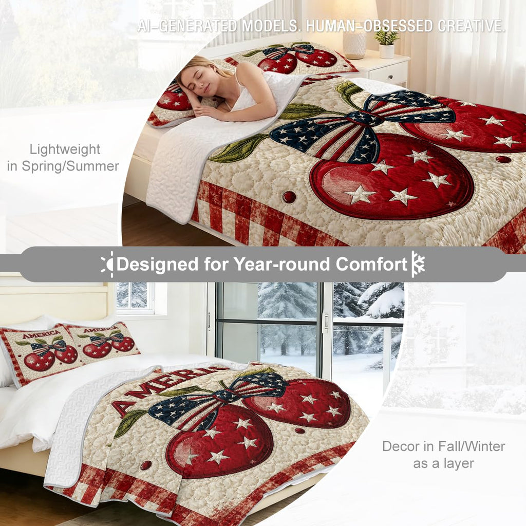 Patriotic Quilt Set with Americana Cherries and Gingham Border, Microfiber Lightweight Bedspread for Farmhouse