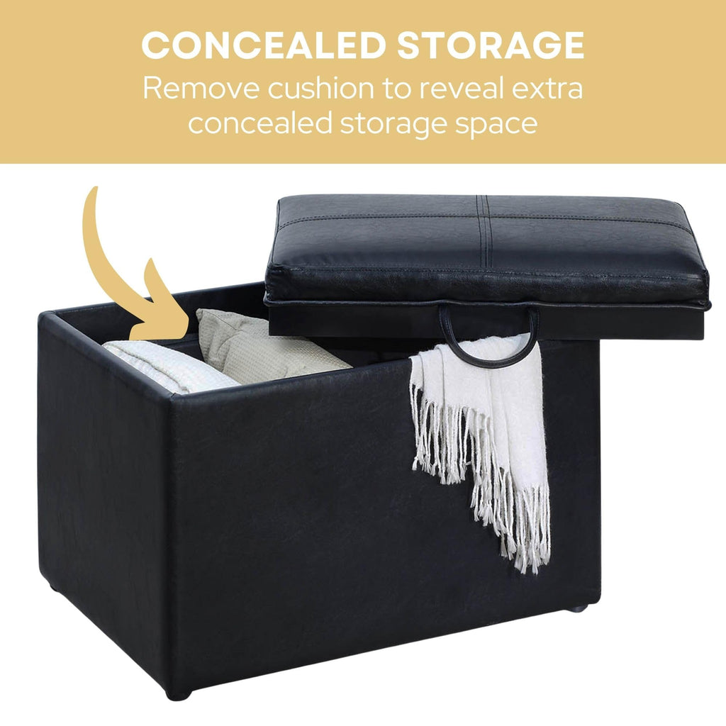 Designs4Comfort Accent Storage Ottoman 22.75" - Modern Foot Stool with Decorative Tray, Black Faux Leather