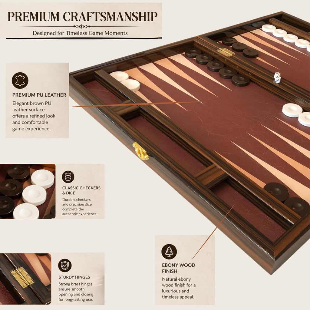 Luxury Turkish Backgammon Set for Adults, XXL 19 Inch Handcrafted Ebony Wood & Vintage PU Leather Backgammon Board