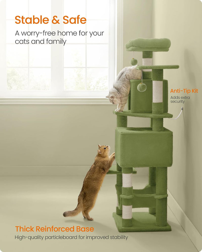 Cat Tree, 59.5-Inch Tall Cat Tower, Multi-Level Condo, Grass Green