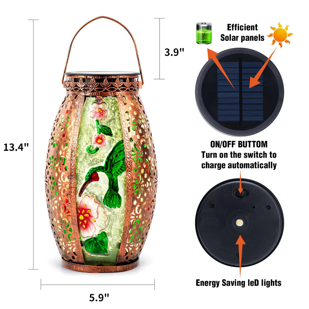 Hummingbird Solar Lantern Outdoor Waterproof, 13" Large Hanging Lantern Decorative, Metal Hummingbird Solar Lights for