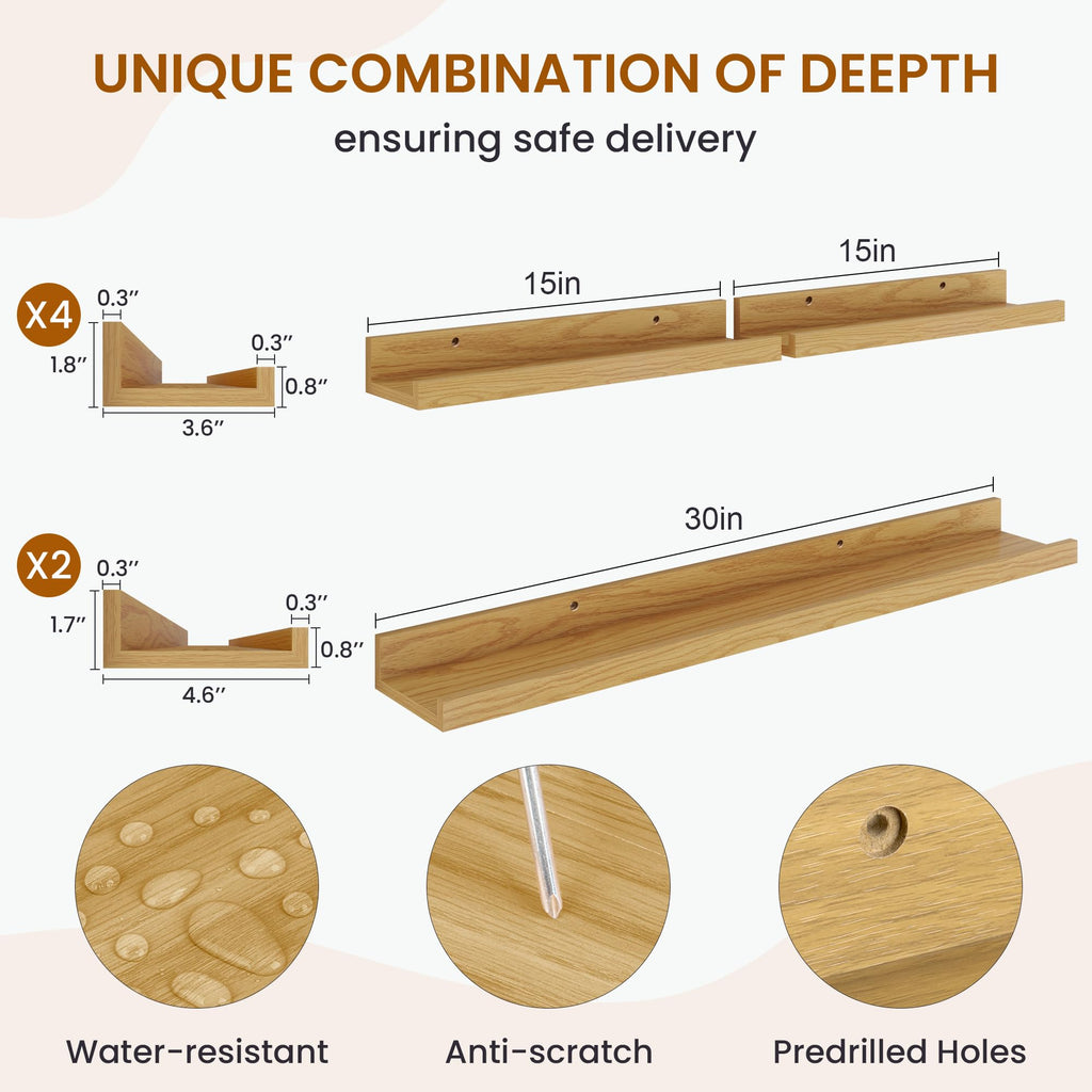 Picture Ledge Shelf, Floating Shelves for Wall Decor, Oak, Set of 6, 30''