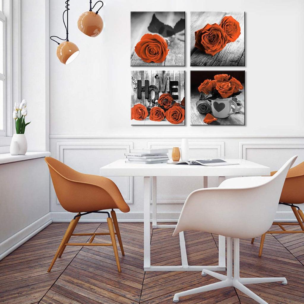 Farmhouse Flower Wall Art Burnt Orange Rose Pictures Couple Bedroom Wall Decor Rustic Nature Paintings Black and