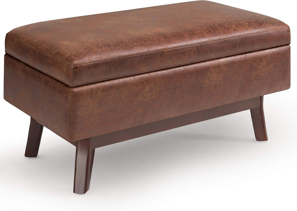 Owen 36" Wide Vegan Leather Lift Top Ottoman in Saddle Brown | Distressed saddle brown, mid-century modern lift-top