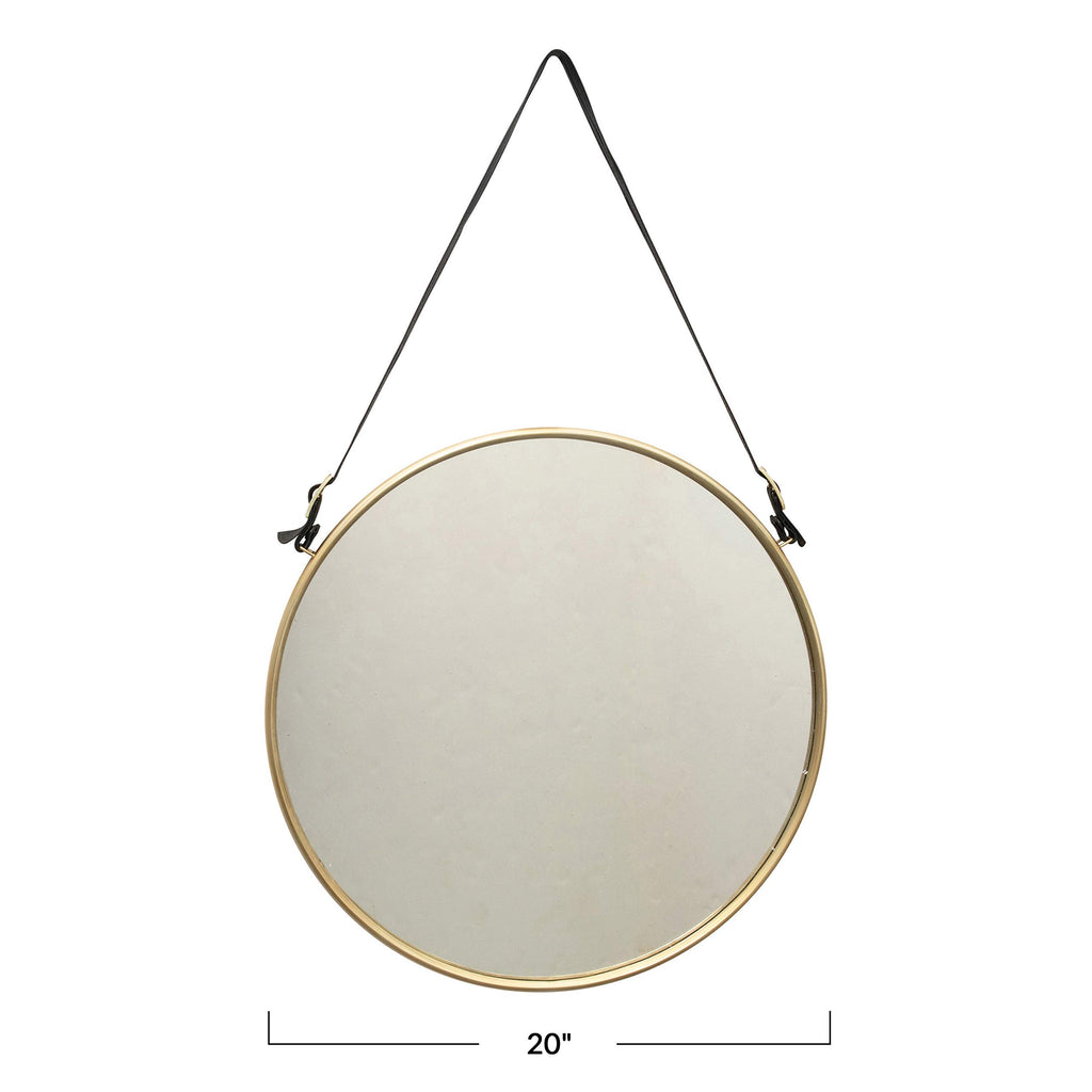 Round Metal & MDF Hanging Wall Mirror with Buckle Strap, Brushed Brass Finish
