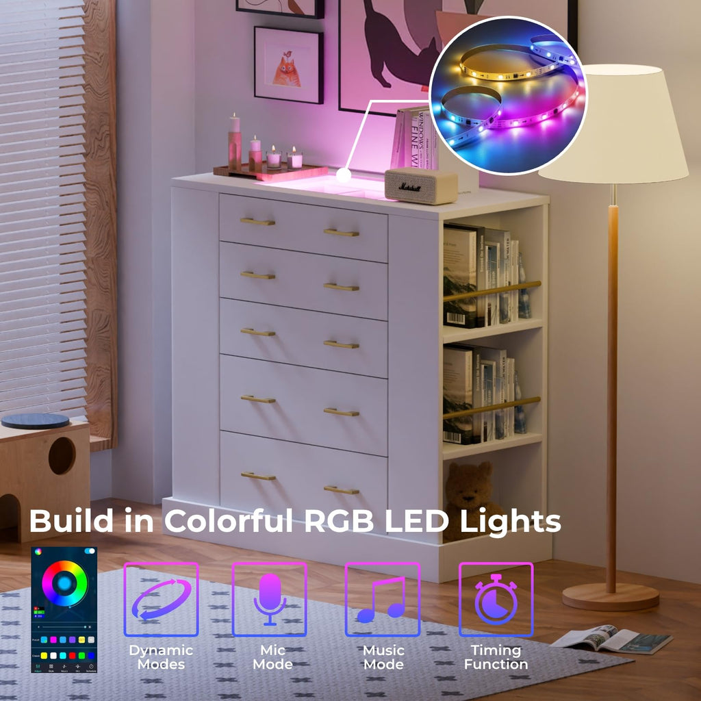 Glass Top Dresser with LED Lights and 6 Open Shelves, White