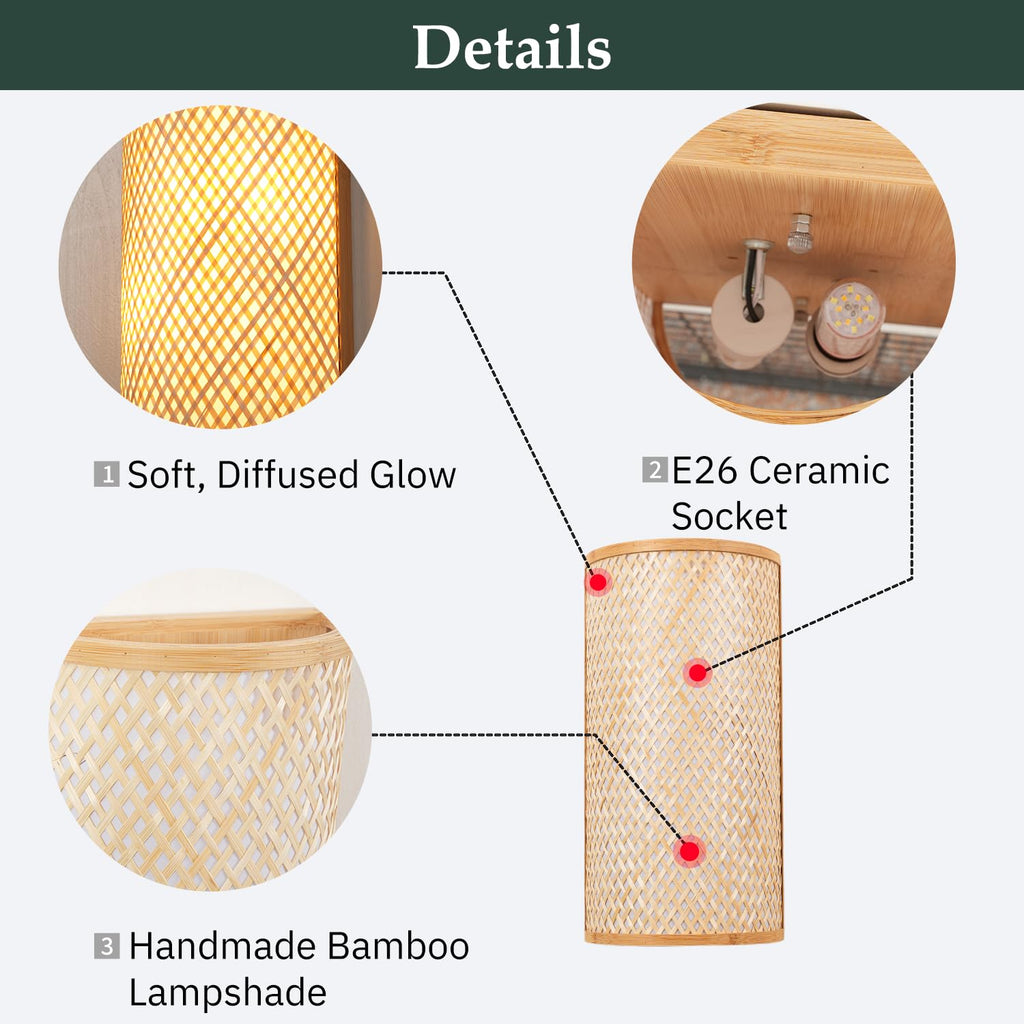 Bamboo Wall Sconces, Rattan Boho Wall Sconces Hardwired Rustic Wall Mounted Light Farmhouse Wall Light Fixtures