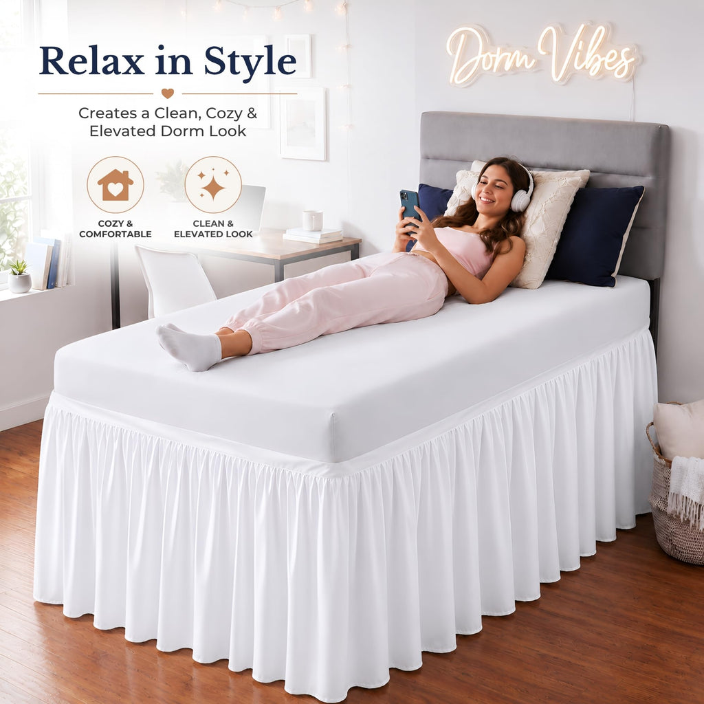 Dorm Bed Skirt Twin XL 30 Inch Drop Length - White, Ruffled Pattern College Dorm Room Dust Ruffle - Split Corner