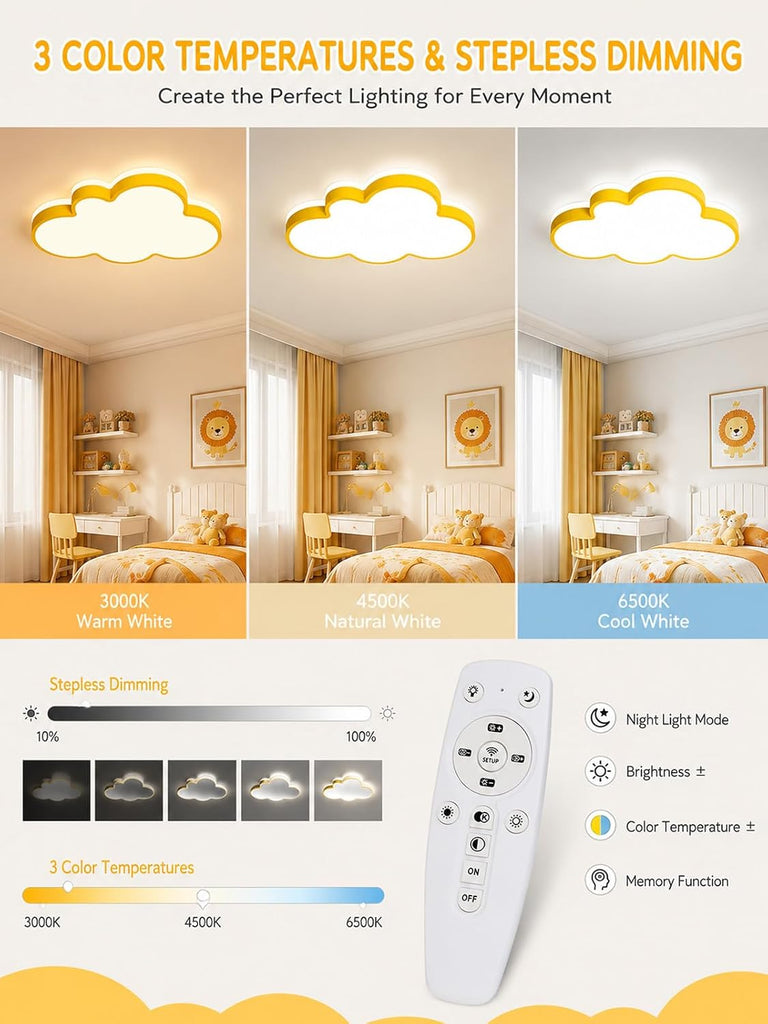 Yellow Cloud Ceiling Light with Remote, 23" Kids Room LED Flush Mount Ceiling Light, 3 Color Temperatures