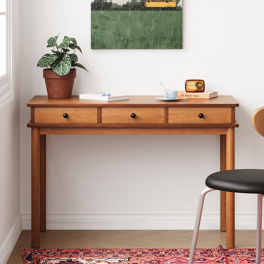 Mid‐Century Wood Writing Desk with 3 Storage Drawers, Solid Wood Legs Home Office Computer Workstation