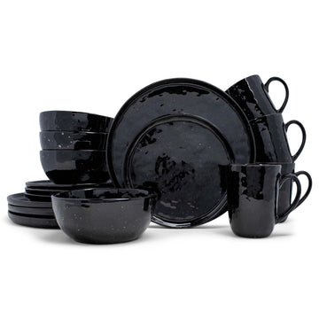 Shiny Speckled Western Country Style Ceramic Plates Bowls Mugs Dinnerware 16 Piece Set - Service for 4, Black
