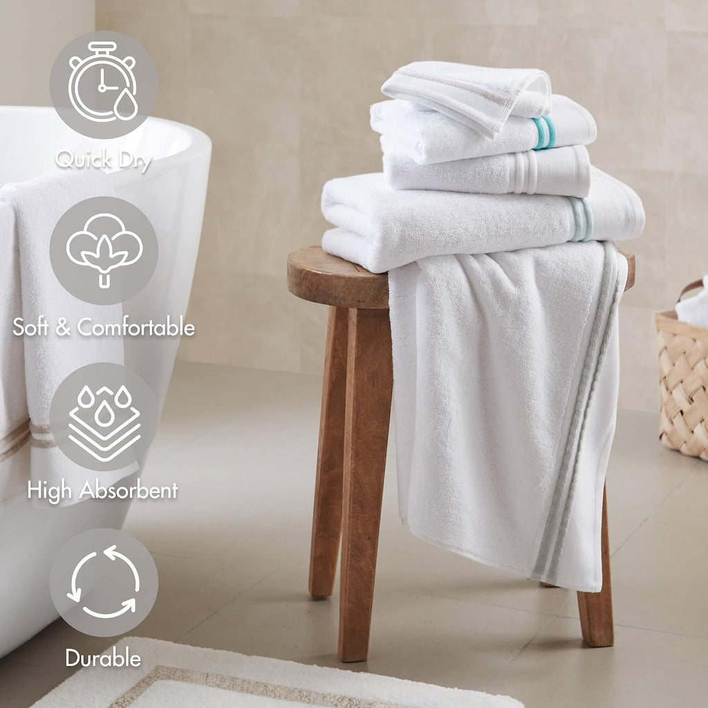 Park Roan Border Cotton Bath Towel Set Absorbent, 6 Piece, White | Microfiber, Soft Pile, Machine Washable, OEKO-TEX