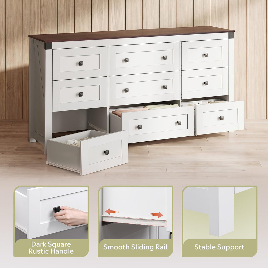 9-Drawer 62.2"W Farmhouse TV Stand for TVs up to 70 Inches, White