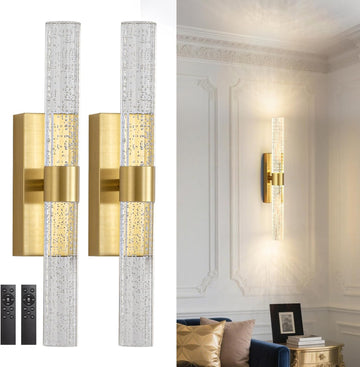 Battery Operated Wall Sconces Set of 2, 10000mAh Gold Rechargeable Wall Lights with Remote, Dimmable Wireless Wall